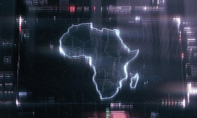 A glowing digital map of Africa with country borders highlighted, overlaid with futuristic data and interface graphics.