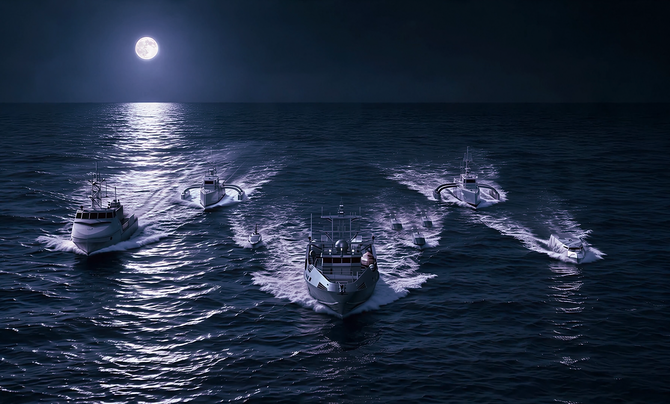 A fleet of boats moving in formation across the ocean at night under a bright full moon, with waves reflecting the moonlight.
