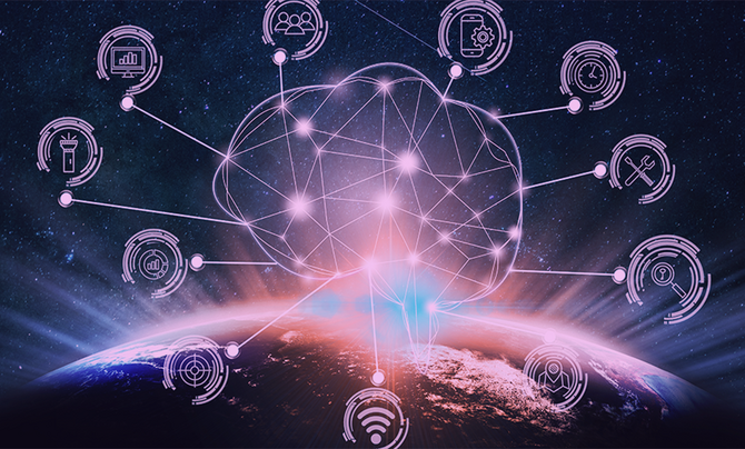 A digital illustration of a glowing neural network above Earth, connected to icons representing data, communication, analytics, and technology systems.