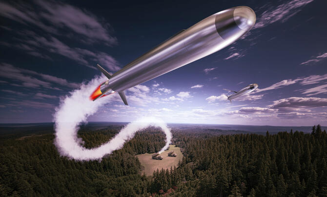 Low-Cost Containerized Munitions rocket in flight