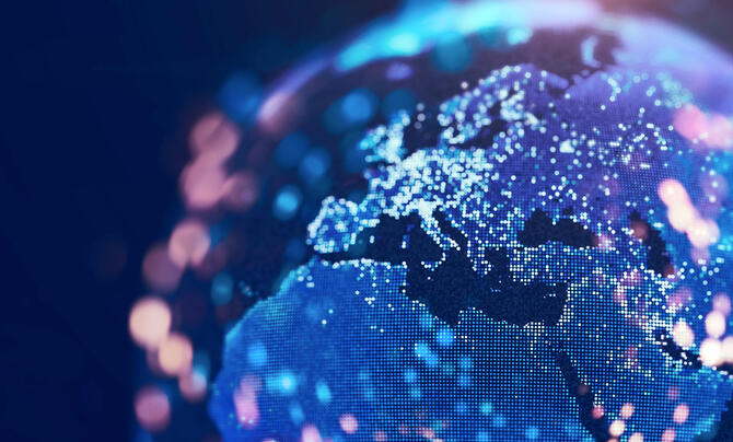 A closeup image of the globe with country outlined in dots