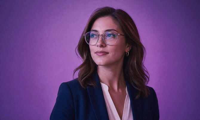 Woman wearing glasses against purple background