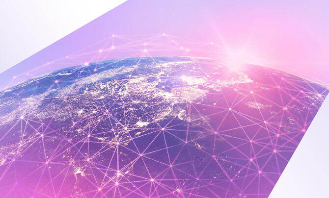 Digital view of Earth with glowing interconnected nodes and lines representing a global data network.