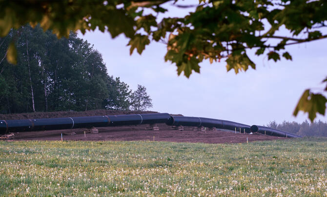 Large black gas pipeline sections stretch across a grassy field bordered by trees, with wildflowers in the foreground.