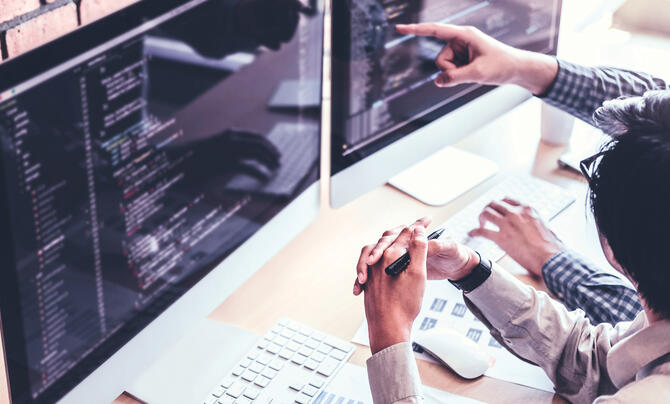 Professionals pointing at a computer monitor