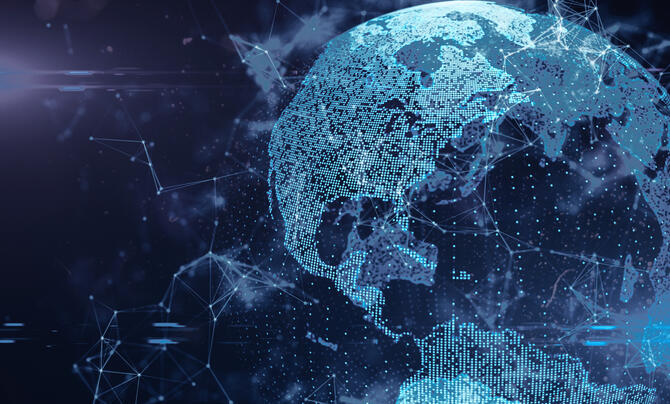 An illustration of a globe with multiple interconnected dots like a network
