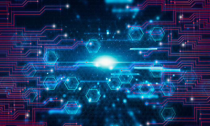Illustration of hexagons and circuitry 