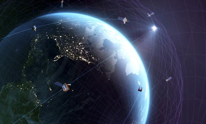 Space showing planet Earth with satellites linked together