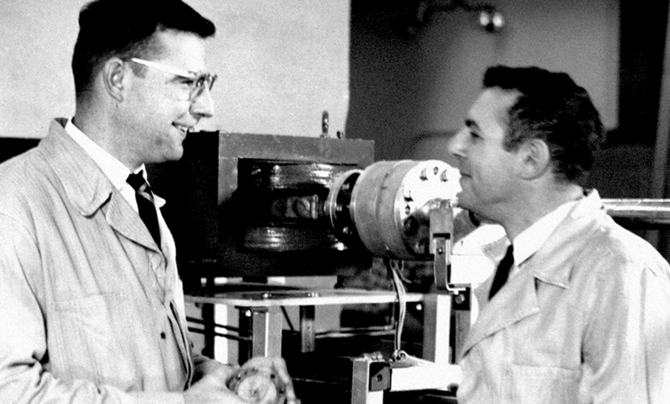 Dr. Beyster with a colleague when he worked as a nuclear physicist