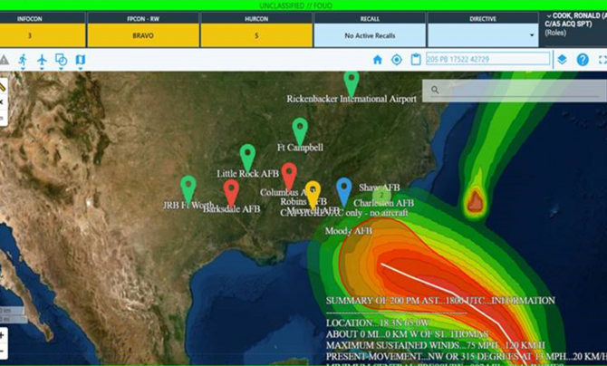 Hurricane Dorian path and military bases on a map
