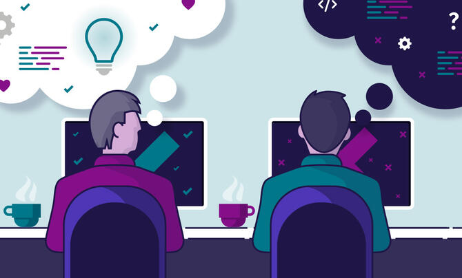 graphic showing two software developers coming up with ideas