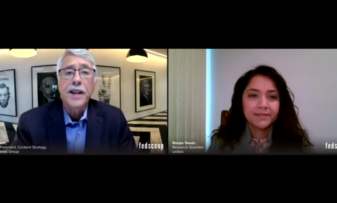 video conference between moderator from FedTalks and Roopa Vasan from Leidos