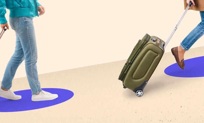 An illustration of two post-pandemic air travelers