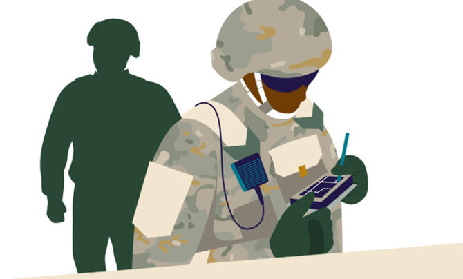 military personal in uniform using tool