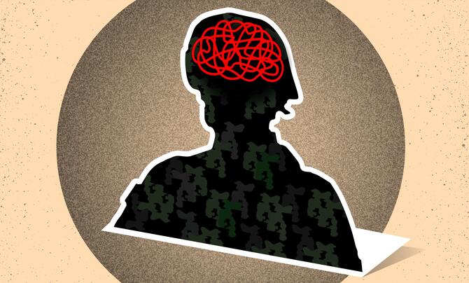 An illustration of a soldier with traumatic brain injury