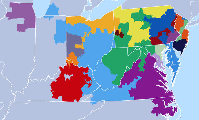 Multi-colored map of Pennsylvania, Maryland, New Jersey region