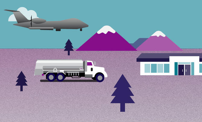 illustration of airplane and large truck with mountains in the background
