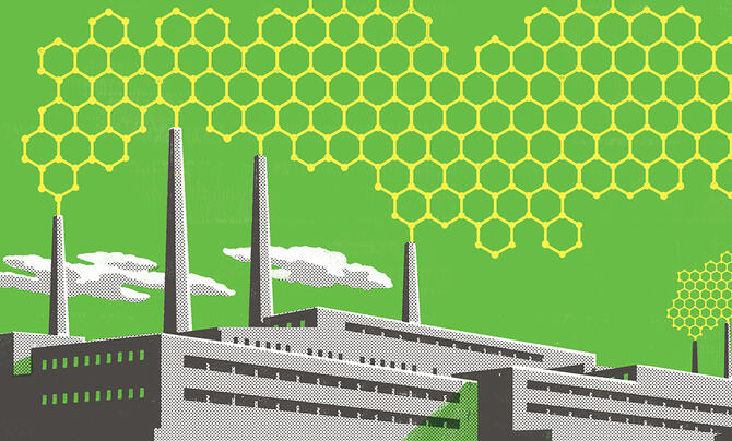 Illustration of coal factory dispersing graphene