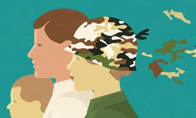 Illustration of military family shedding camouflage
