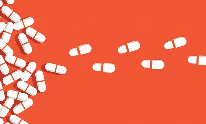 Illustration of pile of pills transitioning into steps towards recovery