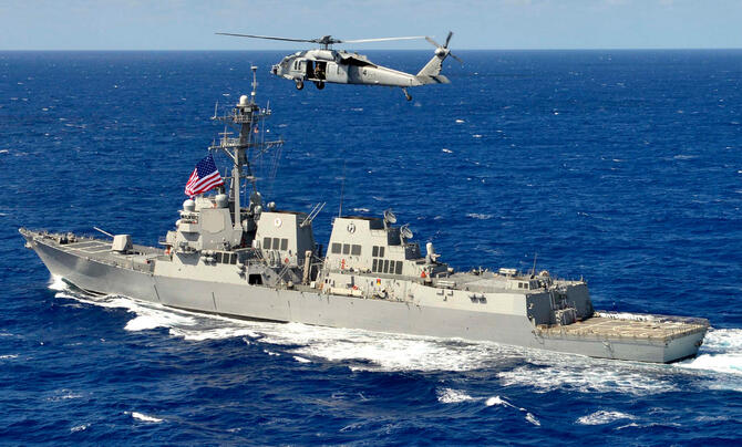 US Defense ship with helicopter 