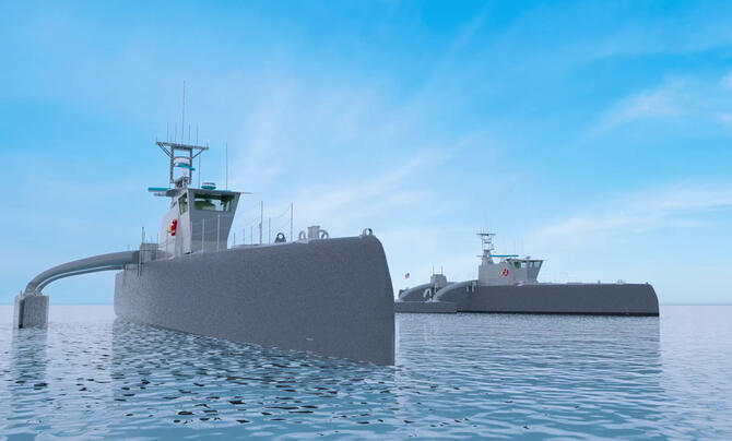 Illustration of two Sea Hunter vessels deployed on operations at sea