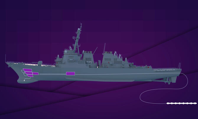 Illustration of a destroyer ship with towed array