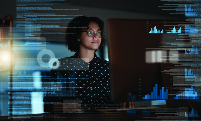 woman with holograph on screen