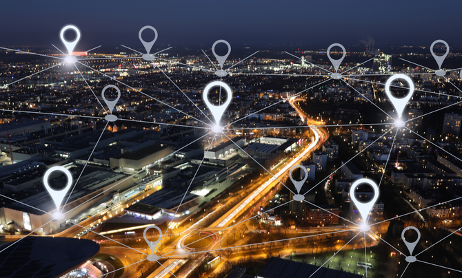 network over city with pinned locations