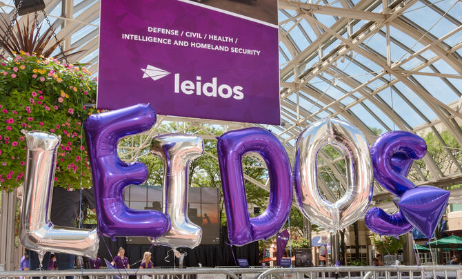 Leidos balloons at a Day One welcome event