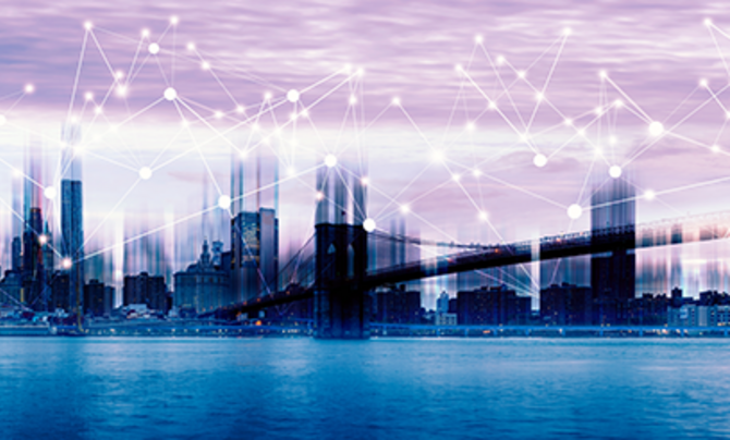 cyber network over city skyline