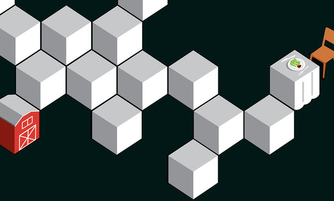Illustration of blockchain connecting a farm to a dinner table 