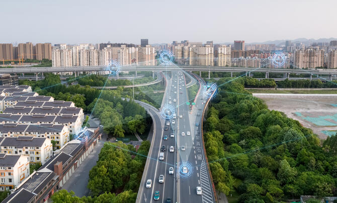 highway with data points over cars