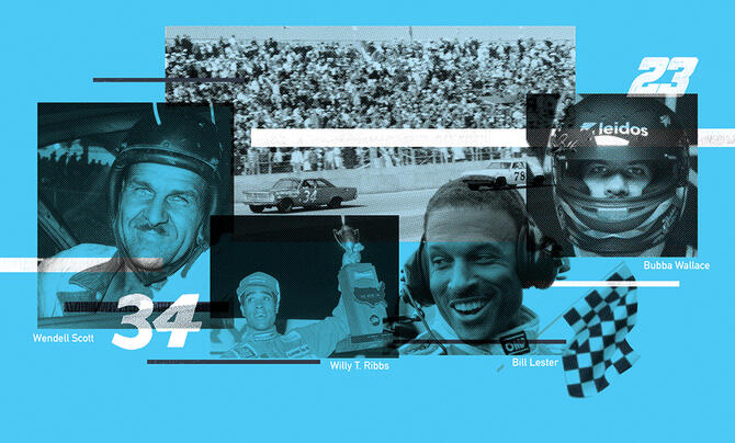 An illustration of Black drivers throughout NASCAR's history, including Wendell Scott, Willy T. Ribbs, Bill Lester and Bubba Wallace.