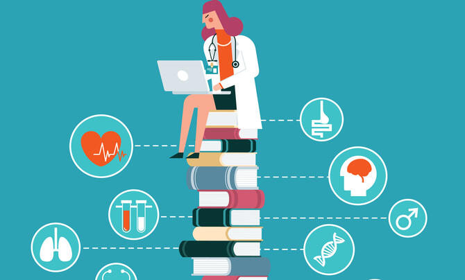 female scientist on stack of books