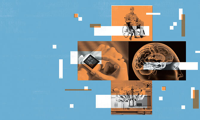 An illustration of healthcare themes including a wounded veteran, human brain, wearable technology and a robotic surgeon