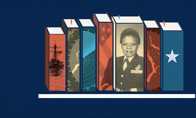 An illustration of Rear Admiral Lillian Fishburne and other Navy imagery across the spines of books on a shelf