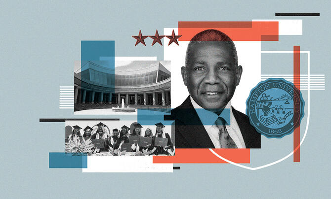 A collage of images and illustrations related to Hampton University and its new president Darrell K. Williams