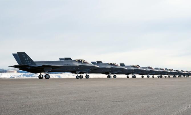 A formation of fighter jets at Eielson Air Force Base in Alaska