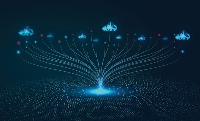 Blue digital graphic representing different connected clouds, joined by blue electric strands, directing back to one source