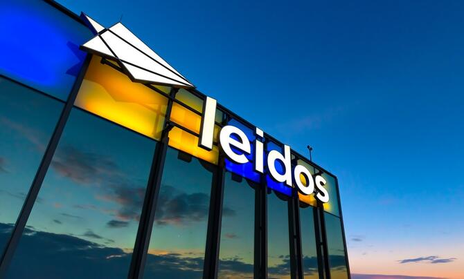 Leidos Global Headquarters lit up in yellow and blue to show support to Ukraine
