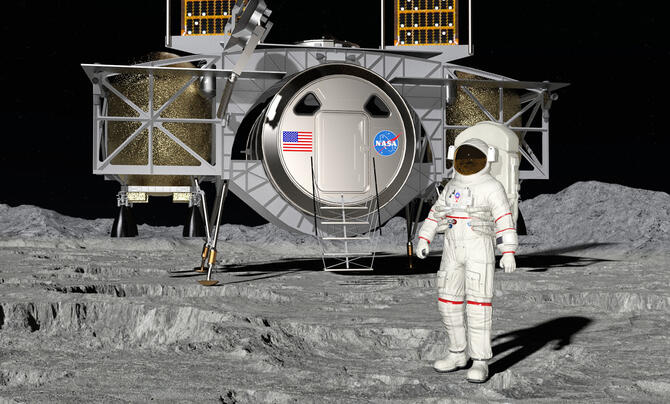 Astronaut next to Human Landing System on the moon