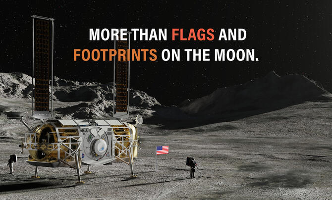 Astronauts landing on the moon with a flag, image reads "More than Flags and Footprints on the Moon"