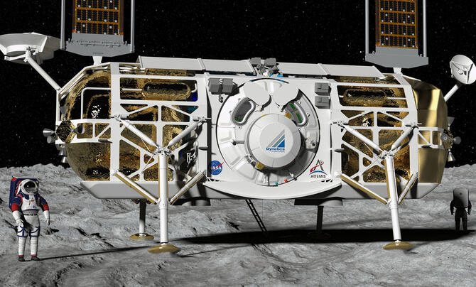 Astronaut next to a lunar lander on the moon