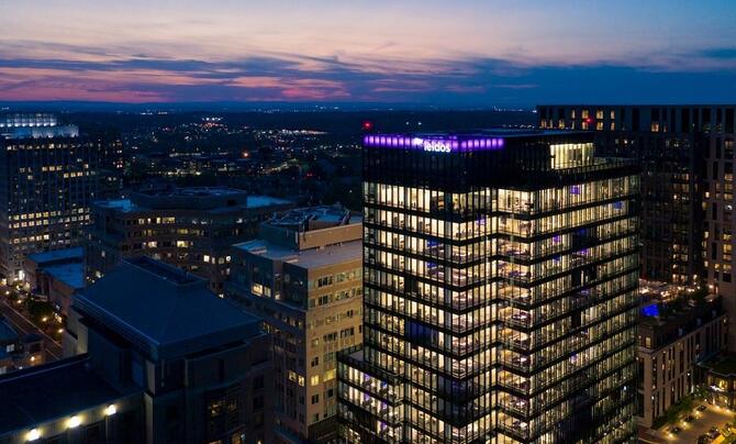 An aerial view of Leidos Global Headquarters at dusk