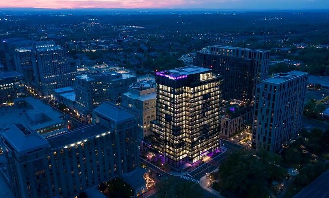 An aerial view of Leidos Global Headquarters at dusk