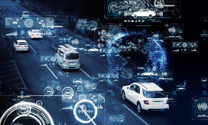 vehicles on a road with dashboard information display