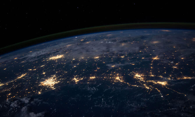View from space with lights representing cities