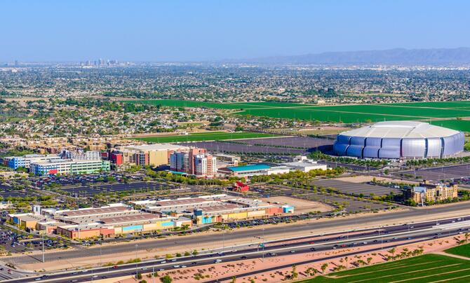 An aerial photo of State Farm Stadium in Glendale, Arizona.