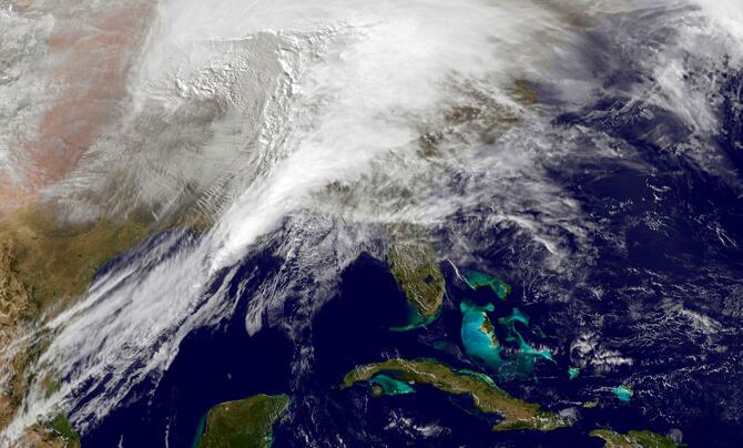 A satellite image of a winter storm over the U.S.